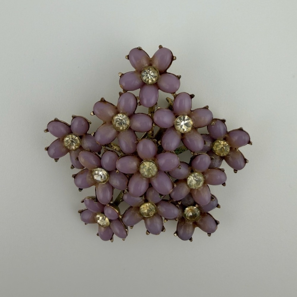 Purple/Pink Vintage Floral Milk Glass Rhinestone Brooch Pin